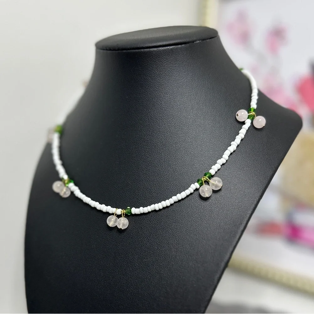Natural Rose quartz Fruity Beaded Necklace with seed beads